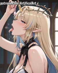 1girls ai_generated artifical_art bangs big_breasts blonde_hair blue_eyes blush cartethyia_(wuthering_waves) condom cum cum_in_condom cum_in_mouth cum_on_tongue drinking_cum earrings elf elf_ears female fleurdelys_(wuthering_waves) halo horn jewelry licking_cum light-skinned_female light_skin long_hair milf open_mouth perfect_body pointed_ears seductive_look solo tongue_out used_condom wuthering_waves