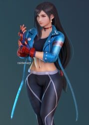 3d adjusting_gloves black_hair blue_background cammy_white cosplay earrings female final_fantasy final_fantasy_vii fingerless_gloves gloves highres jacket jewelry long_hair pants raidenwgt red_eyes street_fighter street_fighter_6 tifa_lockhart yoga_pants
