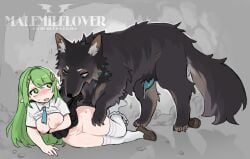 animal_penis aqua_necktie black_skirt blush canid canine canine_penis canis clothes_lift commission degrees_of_lewdity female feral full_body green_eyes highres long_hair lying male necktie nose_blush on_side original outdoors panties panties_around_one_leg penis precum precum_drip school_uniform shirt_lift skirt skirt_lift sweat tearing_clothes thighhighs tnso torn_clothes underwear unworn_shoe watermark white_thighhighs wolf zoophilia