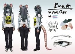amyarellano07 black_bottomwear black_clothing black_hair black_pants bottomwear clothing ear_piercing emma_(dumb_plague) eyewear footwear front_view fur glasses grey_body grey_fur hair hi_res lgbt_pride looking_at_viewer mammal model_sheet murid murine pants piercing pride_colors rat rat_tail rear_view rodent round_glasses shirt shoes side_view sneakers star tail text topwear trans_(lore) trans_woman_(lore) transgender_pride_colors vektor_(band) white_clothing white_shirt white_topwear