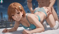 1boy 1girls ai_generated all_fours artist_name artist_signature ass ass_grab blue_bra blue_panties blush bra breasts brown_eyes brown_hair cleavage clothed_female_nude_male clothing_aside collarbone doggy_style hair_flower hair_ornament hi_res high_resolution highres kurutai looking_at_viewer medium_breasts misaka_mikoto nude panties panties_aside sex sex_from_behind short_hair smile socks straight subscribestar subscribestar_username thighs to_aru_kagaku_no_railgun to_aru_majutsu_no_index uncensored underwear white_socks