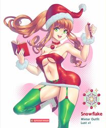 1girls absurdres bimbo breasts brown_hair choker christmas cleavage doki_doki_literature_club female female_only green_eyes green_stockings heart_pen highres long_hair looking_at_viewer medium_breasts monika_(doki_doki_literature_club) ornament pen ponytail red_dress santa_hat snowflake solo stockings supersatanson thick_thighs