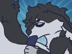 animated anthro anthro_on_anthro black_body black_fur blue_penis circle_eyebrows closed_eyes duo eyebrows fur genitals male male/male mane muskysaber oral oral_penetration partially_offscreen_character pattern_background penetration penis short_playtime simple_background sitting toskal white_body white_fur
