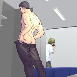 2boys ass ass_cleavage back_muscles beefy being_watched bench biceps big_ass black_hair blonde_hair bubble_butt camera changing_room dat_ass gay indoors light_skin locker locker_room looking_back male male_only manly mature_male muscles muscular muscular_arms muscular_ass muscular_back muscular_male no_visible_genitalia original original_character pants_down plump_ass round_ass short_hair side_view standing sweat sweatdrop taking_clothes_off taking_picture thick_ass topless triceps unknown-bl unknown_(yaoi_artist) voyeur voyeurism yaoi