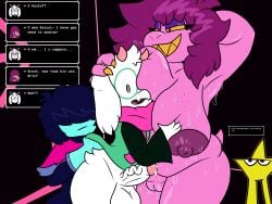 4:3 absurd_res big_breasts bodily_fluids bovid breast_squish breasts caprine chibitay clothing darkner deltarune english_text eyewear female freckles fur genital_fluids glasses goat hi_res human kris_(deltarune) leaking_precum mammal nude nude_female precum profanity purple_body purple_skin ralsei ralsei_with_white_fur reptile scalie squish susie_(deltarune) sweat sweaty sweaty_breasts sweaty_legs sweaty_thighs text the_original_starwalker undertale_(series) undressing undressing_another wearing_glasses white_body white_fur