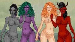 big_breasts black_hair breasts busty dress_up dunmer elf elf_ears elf_female female game ginger green_eyes green_hair hourglass_figure karlach large_breasts long_hair midriff narrow_waist navel night_elf orange_hair pasties rain red_eyes red_hair screenshot smile thick_lips thick_thighs wide_hips