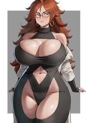 1girls 2024 :q android_21 android_21_(human) anhuzart big_breasts blue_eyes brown_hair cleavage dragon_ball dragon_ball_fighterz earrings ethan69_(artist) female female_only glasses huge_breasts long_hair looking_at_viewer skimpy skimpy_clothes skin_tight smiling smiling_at_viewer solo thick_thighs very_high_resolution voluptuous wide_hips