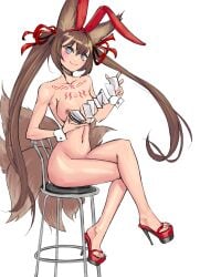 animal_ear_fluff animal_ears animal_tail areolae blue_eyes blush breasts brown_hair caleen_keemosn card chair clothing commission crossed_legs elotika eyebrows_visible_through_hair fake_animal_ears female female footwear fox_ear fox_ears fox_girl fox_tail hair_between_eyes hair_ornament hair_ribbon hairband high_heels holding kemonomimi kitsune kitsunemimi large_breasts long_hair looking_at_viewer makeup multiple_tails navel nipples nude original platform_footwear platform_heels rabbit_ears red_footwear red_ribbon ribbon runes sandals shoes sitting smile solo star_ocean star_ocean_anamnesis stool tail thighs twintails very_long_hair wrist_cuffs