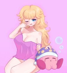 1girls big_breasts big_thighs big_titties blonde_hair blue_eyes breasts clothing crossover curvaceous curvaceous_female curvaceous_figure curvy curvy_figure curvy_hips ducktracio female female_focus female_only kirby long_hair mario_(series) morning nintendo princess_peach super_mario_bros. yellow_hair