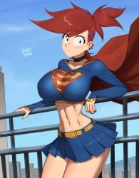 alternate_breast_size barleyshake belt black_eyes blue_sky breasts cape cartoon_network collarbone cosplay curvy day dc_comics ear_piercing female foster's_home_for_imaginary_friends frankie_foster highres jewelry large_breasts light_blush navel necklace piercing ponytail railing red_hair serious skirt sky spiked_hair supergirl superman_(series)