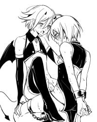 2boys :o ahoge arms_behind_back bare_shoulders blush bondage boots bound bound_wrists china_dress chinese_clothes danganronpa_(series) danganronpa_v3:_killing_harmony demon_boy demon_horns demon_tail demon_wings dress ewa_(seraphhuiyu) greyscale high_heels horns monochrome multiple_boys nipples oma_kokichi penis penises_touching pointy_ears saihara_shuichi short_hair tail thigh_boots wings yaoi