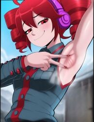 2025 ai ai_generated armpit_fetish armpits arms_up black_clothing blue_eyes kasane_teto red_eyes red_hair shadman_(style) steam utau vampiregurl vampiregurl_(artist)