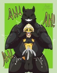 absurd_res arthropod bee big_penis black_body black_fur blonde_hair bodily_fluids breasts canid canine canis cum cum_in_vagina cum_inside duo ejaculation female flat_chested forced_smile from_behind_position full_nelson full_nelson_(legs_held) full_nelson_position fur genital_fluids genitals hair hi_res humanoid hymenopteran insects lilith_(minusdanna) male male/female mammal minusdanna muscular muscular_male navel nipples penis saliva saliva_string sex short_stack size_difference small_breasts smaller_female smile stinger stinger_tail wolf yellow_nipples