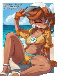1girls artist_name baseball_cap beach blue_eyes brown_hair busty earrings fingerless_gloves gm_laz jacket mario_(series) nintendo open_jacket princess_daisy sandals swimsuit tan_skin tan_skinned_female wink