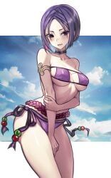 1girls 2024 armband bare_shoulders bikini bikini_bottom bikini_top black_choker black_eyes blush blush choker embarrassed embarrassed_female eyepatch_bikini fate/grand_order fate/samurai_remnant fate_(series) female female_only holding_arm holding_own_arm light-skinned_female light_skin light_skinned_female medium_hair midriff minamoto_no_raikou_(fate/grand_order)_(cosplay) minamoto_no_raikou_(swimsuit_lancer)_(fate)_(cosplay) neckwear purple_bikini purple_bikini_bottom purple_bikini_top purple_eyepatch_bikini purple_hair small_breasts solo solo_female ushi_gozen_(fate)