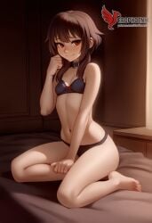 1girls 2d ai_generated ass back bare_shoulders barefoot big_ass bra brown_hair collar erophoenix female female_focus full_body kono_subarashii_sekai_ni_shukufuku_wo long_hair looking_at_viewer megumin pale_skin pale_skinned_female panties patreon_username red_eyes short_hair sitting small_breasts smile soles solo thick thick_thighs uncensored underwear