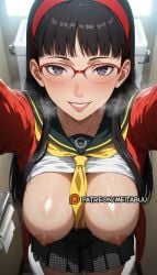 ai_generated amagi_yukiko between_breasts black_eyes black_hair black_sailor_collar black_skirt blunt_bangs blush breasts breasts_out cardigan clothes_between_breasts clothes_lift female from_above glasses grey_eyes grey_skirt grin hairband indoors large_breasts lips long_hair long_sleeves looking_at_viewer meitabuu miniskirt neckerchief necktie_between_breasts nipples no_bra open_cardigan open_clothes outstretched_arms over-rim_eyewear persona persona_4 plaid_skirt pleated_skirt reaching reaching_towards_viewer red-framed_eyewear red_cardigan red_hairband red_headband red_sweater sailor_collar school_uniform semi-rimless_eyewear serafuku shirt shirt_lift skirt smile solo standing sweat toilet white_shirt yasogami_school_uniform yellow_neckerchief yellow_necktie