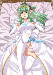 1girls alternate_costume bare_thighs breasts breasts_out bride censored fire_emblem fire_emblem_awakening green_eyes green_hair large_breasts long_hair long_sleeves manakete nintendo nipples nori_(artist) on_back on_bed open_mouth open_smile panties panties_aside pillow pointy_ears ponytail pussy smile solo solo_female sweat thick_thighs thighhighs thong tiki_(adult)_(fire_emblem) tiki_(fire_emblem) wedding_dress white_panties white_thong