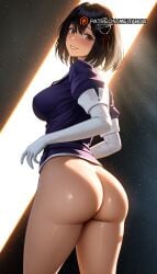 ai_generated ass black_hair blush breasts brown_eyes cowboy_shot female from_behind gloves grin haguro_(kancolle) haguro_kai_ni_(kancolle) hair_ornament large_breasts looking_at_viewer looking_back meitabuu parted_lips short_hair smile solo standing thighs underbutt