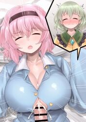 2girls bar_censor black_hairband blue_shirt blush breasts censored closed_eyes commentary_request commission cum ejaculation emphasis_lines female futa_with_female futanari green_hair hairband heart highres incest intersex komeiji_koishi komeiji_satori large_breasts multiple_girls paizuri paizuri_under_clothes penis pink_hair pov questionable_consent ras_(ras33635191) shirt short_hair siblings signature sisters skeb_commission sleep_molestation sleeping speech_bubble touhou variant_set