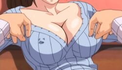 00s 1boy 1girls 2004 animated animated blush bouncing_breasts breasts brown_hair female female housewife indoors kininaru_kimochi large_breasts long_hair lowres nipple_stimulation_through_clothes nipples no_bra okusan_(kininaru_kimochi) open_clothes ponytail rape removing_shirt sex shirt straight striped_clothes striped_shirt tagme