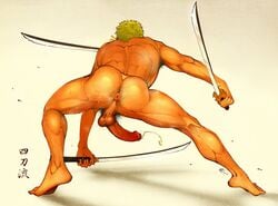 1boy alterinku anal_hair anus armpit_hair ass ass_hair back bara bouncing_penis commentary completely_nude english_commentary erection facing_away fight_boner fighting_stance from_behind full_body green_hair holding holding_sword holding_weapon katana male male_focus male_only male_pubic_hair muscular muscular_male nude one_piece penis precum pubic_hair reverse_grip roronoa_zoro short_hair solo sword testicles thighs translated triple_wielding uncensored weapon