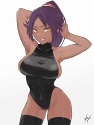 1girls adult adult_female arm_behind_head armpit armpit_crease armpit_peek armpits bewitching_thighs big_breasts black_leggings black_legwear black_leotard black_stockings black_thigh_highs black_thighhighs black_topwear bleach breasts brown-skinned_female brown_skin brown_skinned_female busty busty_female busty_girl child_bearing_hips collarbone elbows female female_focus female_only fertile_hips fingers fukuya_art groin hairless_armpits hand_behind_head high_resolution highres hourglass_figure large_breasts lean_figure leggings legwear leotard long_hair looking_at_viewer mature mature_female narrow_waist over-kneehighs parted_bangs plump_breasts ponytail posing posing_for_the_viewer purple_eyebrows purple_hair purple_hair_female seductive seductive_armpits seductive_body seductive_cleavage seductive_female seductive_hips seductive_pose seductive_posing seductive_thighs seductive_woman shaved_armpits shihouin_yoruichi shoulders simple_background slender_body slender_waist slim_waist smile smiley_face smiling smiling_at_viewer solo standing stockings thick_thighs thigh_gap thigh_highs thighhighs thighs topwear upper_body white_background wide_hips yellow_eyes yellow_eyes_female