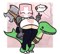 1girls armor armored_female axe black_leggings black_legwear castle_crashers crocodile female heart hira.shotgun huge_breasts knight large_breasts light_skin partially_clothed peace_sign pink_heart pink_knight rammy_(castle_crashers) reptile saddle small_breasts small_clothing white_shirt