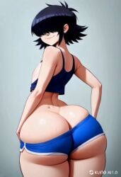 1girls ai_generated asian ass_cleavage bangs big_ass black_hair booty_shorts clothing_pull fat_ass flat_chest gorillaz noodle_(gorillaz) short_hair shorter_than_10_seconds sleeveless_shirt smile sound tagme thick_thighs video