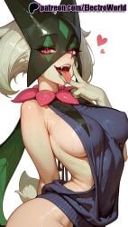 1girls 2025 ai_generated artist_name bare_shoulders big_breasts big_breasts big_chest breasts breasts breasts bust busty chest covered_nipples electroworld female green_hair heart hi_res high_quality high_resolution highres large_breasts meme_attire meowscarada nintendo patreon patreon_username pokemon simple_background solo stable_diffusion sweat sweater tail teeth tongue tongue_out virgin_killer_sweater watermark