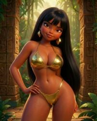 1girls ai_generated bare_shoulders bikini black_hair brown_eyes brown_skin chel chel_(the_road_to_el_dorado) earrings female female_focus female_only forest_background hand_on_hip looking_at_viewer mayan the_road_to_el_dorado