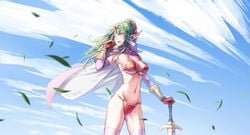 1girls armor armpits bangs bikini bikini_armor blue_eyes breasts cape detached_sleeves eyebrows_visible_through_hair female fire_emblem fire_emblem_awakening floating_hair gloves green_hair groin hair_between_eyes hair_ribbon hand_on_hip high_ponytail large_breasts long_hair long_sleeves looking_to_the_side navel nintendo pink_cape pink_sleeves pointy_ears red_bikini red_gloves red_ribbon ribbon solo solo_female standing swimsuit sword t_misaomaru thighhighs tiki_(adult)_(fire_emblem) tiki_(fire_emblem) underboob weapon white_legwear