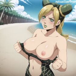 ai_generated beach blonde_hair braided_hair braided_ponytail day deik0 female green_hair jojo's_bizarre_adventure jolyne_kujo large_breasts long_hair multicolored_hair navel nipples sand sky solo solo_female swimsuit swimsuit_pull undressing water