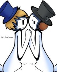 2boys angry_expression blonde_hair burt_curtis gay headphones henry_stickmin_(game) looking_back male short_hair side_by_side stickman stomach_bulge sven_svensson top_hat white_background white_skin