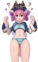 blue_bra blue_jacket blue_panties bow bra captain_kid_lore clueless cum cum_on_body emil_chronicle_online hairbow hat highres jacket monono_hazumi navel panties pink_bow pink_hair pirate_hat ponytail purple_eyes standing striped_bra striped_clothes striped_panties thighs underwear white_background