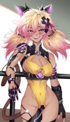 1girls 2d artist_request bare_ass bare_chest bare_midriff bare_shoulders bare_skin bare_thighs big_breasts black_bow blonde_hair blush breasts collarbone dark-skinned_female dark_skin female hair_ornament hips kokonuts mole_on_breast monkey_ears monkey_girl monkey_tail navel orange_eyes pink_eyes pink_highlights prosthetic_arm scar_across_eye tagme thighs twitch virtual_youtuber vtuber