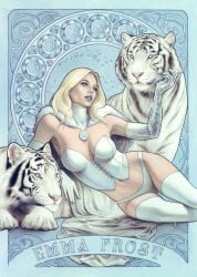 artist_request blonde_hair blue_eyes cleavage corset emma_frost female hellfire_club large_breasts marvel marvel_comics milf platinum_blonde_hair thick_thighs white_tiger wide_hips x-men