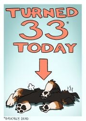ambiguous_anthro ambiguous_gender anthro arm_tuft back_tuft black_body black_claws black_fur black_pawpads bone canid canine canis claws death domestic_dog elbow_tuft family_guy_death_pose floppy_ears fur gloves_(marking) gradient_background head_tuft hi_res leg_markings mammal markings meme nude on_ground pawpads simple_background socks_(marking) solo tuft white_body white_fur yookie