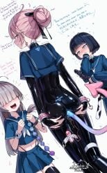 3girls anal anal_beads anal_object_insertion anal_tail ass black_hair black_thighhighs blue_eyes blue_serafuku blush bodysuit bodysuit_under_clothes clenched_teeth collarbone crop_top crop_top_overhang dildo egg_vibrator fake_tail grabbing_own_ass grey_hair hair_bun hair_over_eyes high-waist_panties highres latex latex_bodysuit latex_thighhighs liclac long_hair long_sleeves looking_at_another medium_hair midriff_peek mixed-language_text multiple_girls navel neckerchief object_insertion open_mouth original pink_hair pussy_juice sailor sailor_collar school_uniform serafuku sex_toy short_sleeves skindentation speech_bubble tail teeth thigh_strap thighhighs tongue turtleneck turtleneck_bodysuit upper_teeth_only very_long_hair vibrator white_background white_neckerchief wrist_cuffs zettai_ryouiki