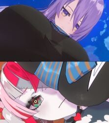 2girls 3d artist_request blue_sky blush breast_press breasts colored_skin disgust earrings frieren_lap_pillow_(meme) gradient_eyes green_eyes grey_skin highres hololive hololive_indonesia jewelry kureiji_ollie large_breasts long_hair looking_at_another meme moona_hoshinova multicolored_eyes multicolored_hair multiple_girls necktie one_eye_covered pov purple_eyes purple_hair red_eyes serious sky sousou_no_frieren stitches two-tone_hair virtual_youtuber white_hair zombie_girl
