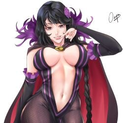 1girls bangs black_cloak black_dress black_hair braid breasts cape center_opening cleavage cloak clothing dress elsa_granhilte erect_nipples eyelashes female finger_in_own_mouth finger_to_mouth fishnets flower fur_trim hair_flower hair_ornament hi_res highres inner_sideboob kerana_art large_breasts lips long_hair looking_at_viewer mole mole_under_eye navel nipple_outline pantyhose png purple_eyes re:zero_kara_hajimeru_isekai_seikatsu revealing_clothes seductive seductive_look single_braid smile solo teeth two-sided_cloak two-sided_fabric very_long_hair