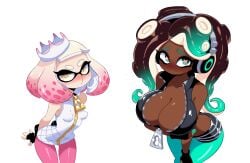 2girls ass breasts cleavage clothed female heart-shaped_pupils hips huge_breasts inkling kissy_face looking_at_viewer marina_(splatoon) no_sex nose_blush o3o octoling parted_lips pearl_(splatoon) perky_breasts self_upload simple_background small_breasts splatoon tentacle_hair unepicroachy wip