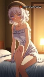 ai_generated bare_legs bare_shoulders bed bedroom beret between_legs black_headwear blunt_bangs blush braid breasts classroom_of_the_elite cleavage closed_mouth collarbone dress female frilled_dress frills hand_between_legs hat indoors knee_up lamp looking_at_viewer medium_breasts meitabuu nightgown on_bed pillow purple_eyes sakayanagi_arisu short_hair sitting sleeveless sleeveless_dress solo strap_slip white_dress white_hair white_ribbon
