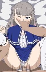 1boy absurdres artjar blue_capelet blue_dress blue_eyes blush braid capelet censored cross-laced_clothes dress female frills grey_hair highres lawine_(sousou_no_frieren) long_hair lying missionary on_back one_eye_closed panties penis pussy rough_sex sex side_braid solo_focus sousou_no_frieren spread_legs straight thighhighs underwear vaginal_penetration white_thighhighs
