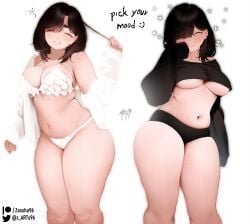 1girls ange_(zasshu96) breasts chubby chubby_female closed_eyes curvy female female_only hi_res navel one_eye_obstructed original plump smile solo solo_female thick_thighs underboob voluptuous voluptuous_female white_background wide_hips zasshu96