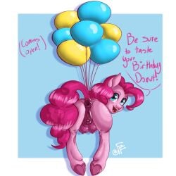 1girls 2d_(artwork) anus balloon blue_eyes breasts breasts crotchboobs digital_media_(artwork) equid equine feral fizzyfox_(artist) floating hasbro horse inviting looking_at_viewer looking_back my_little_pony nipples pink_hair pinkie_pie_(mlp) pony presenting presenting_hindquarters puffy_anus pussy solo suspension udders