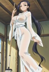 1girls ai_generated amaenaideyo amaenaideyo!! black_hair breasts broom brown_eyes cleavage female indoors kimono large_breasts long_hair looking_at_viewer mature_female miyako_amanogawa ponytail smile standing