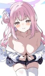 absurdres bare_shoulders black_skirt blue_archive breasts collarbone dressing feathered_wings female flower hair_bun hair_flower hair_ornament hair_scrunchie hakusimi_8943 halo hickey highres large_breasts looking_at_viewer mika_(blue_archive) no_bra pink_hair pink_halo purple_flower scrunchie shirt single_side_bun skirt solo suggestive_fluid thighhighs white_shirt white_thighhighs wings yellow_eyes
