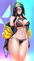 1girls areolae badcompzero big_breasts biting_lip biting_own_lip breasts female female_only glasses jacket killjoy_(valorant) large_breasts lingerie nipples partially_fingerless_gloves solo strappy_bra valorant