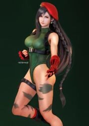 3d belt black_hair bodysuit braid breasts cammy_white cosplay female final_fantasy final_fantasy_vii gloves green_background highres large_breasts lips long_hair nails raidenwgt red_eyes smile street_fighter suspenders tifa_lockhart